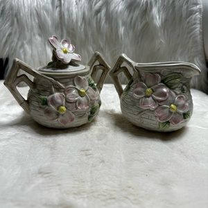 Vintage Fitz and Floyd Pink Dogwood Basket Weave Cream and Sugar 1990 Signed